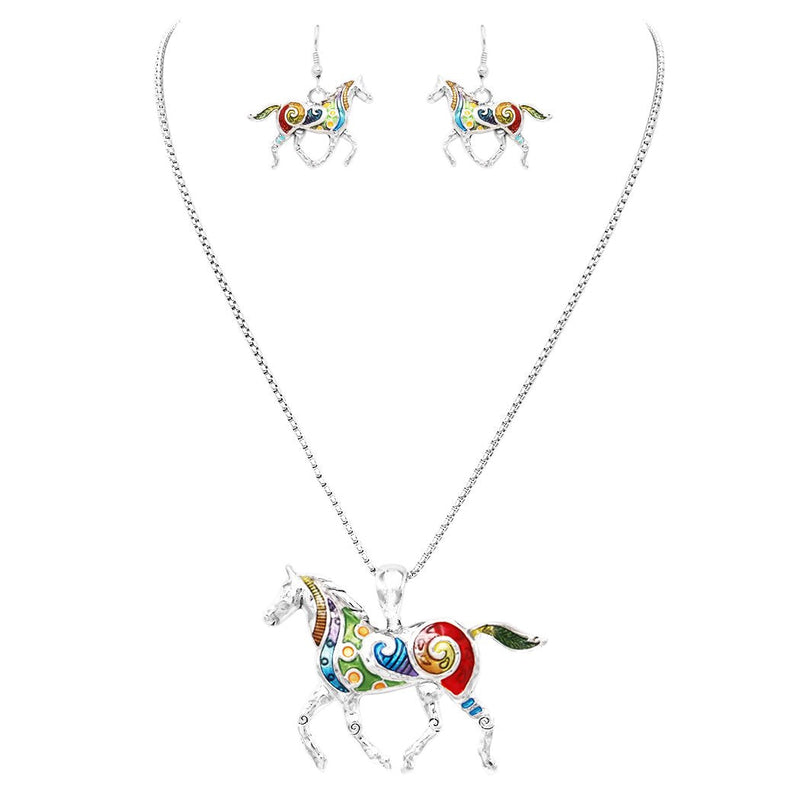 Rosemarie & Jubalee Beautiful Statement Aqua Enamel Coated Horse Pendant and Earring Set with Free Stainless Steel Chain (Rainbow Multi)