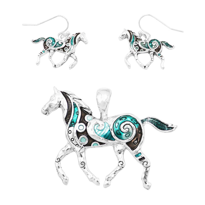 Rosemarie & Jubalee Beautiful Statement Aqua Enamel Coated Horse Pendant and Earring Set with Free Stainless Steel Chain (Aqua Colors)