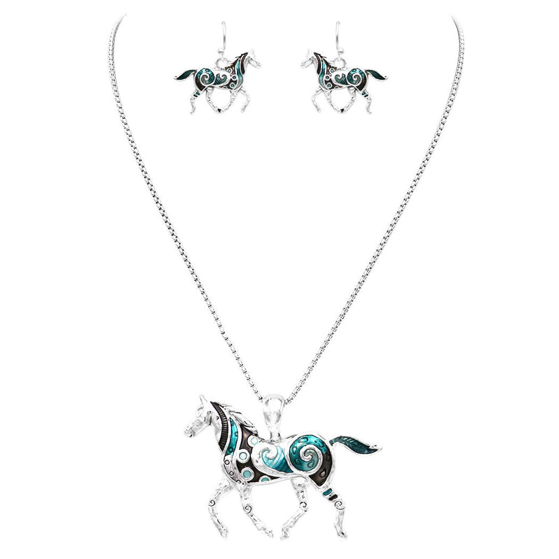 Rosemarie & Jubalee Beautiful Statement Aqua Enamel Coated Horse Pendant and Earring Set with Free Stainless Steel Chain (Aqua Colors)