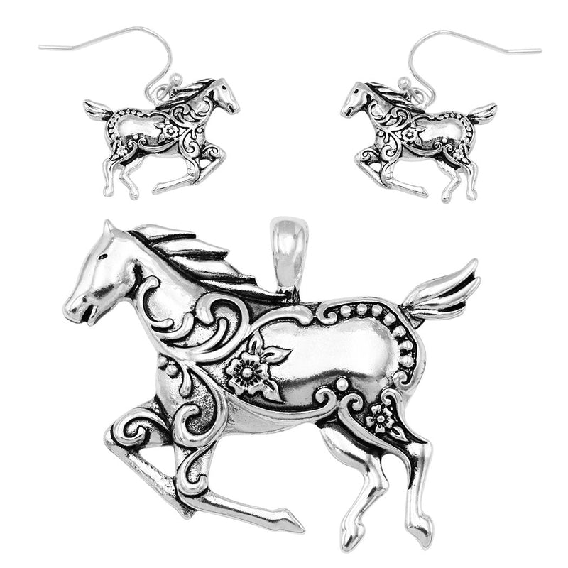 Rosemarie Collections Beautiful Statement Silver Tone Horse Pendant and Earring Set with Free Stainless Steel Chain