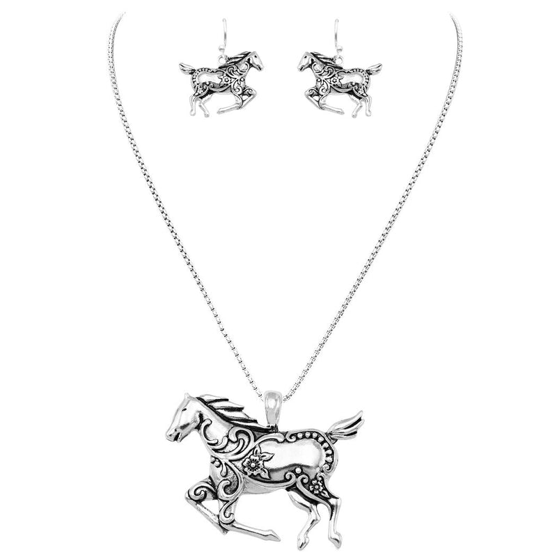 Rosemarie Collections Beautiful Statement Silver Tone Horse Pendant and Earring Set with Free Stainless Steel Chain