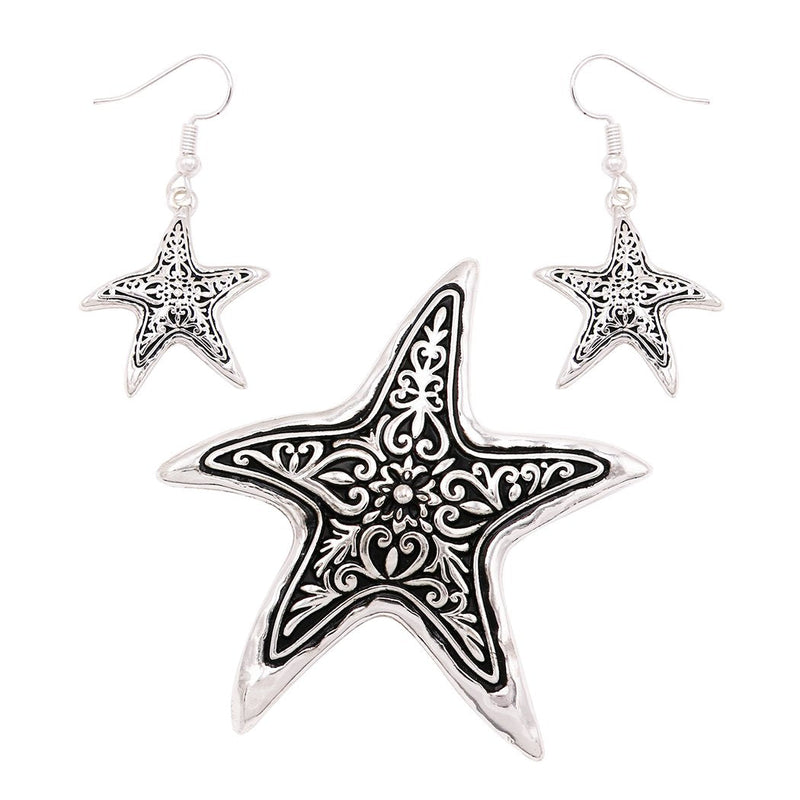 Beautiful Statement Magnetic Starfish Medallion Pendant and Earring Jewelry Set with Free Stainless Steel Chain