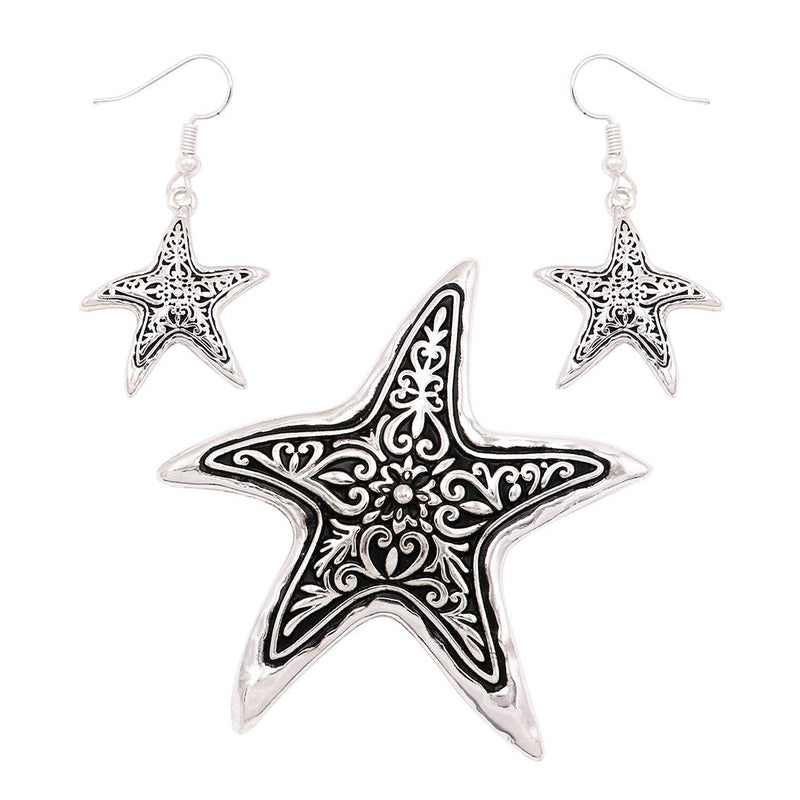 Beautiful Statement Starfish Magnetic Medallion Pendant Earring Set On Claspless Stainless Steel Chain (Starfish)