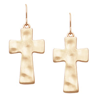 Matte Finish Hammered Metal Cross Religious Dangle Earrings, 1.75" (Matte Gold Tone)