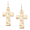 Matte Finish Hammered Metal Cross Religious Dangle Earrings, 1.75" (Matte Gold Tone)