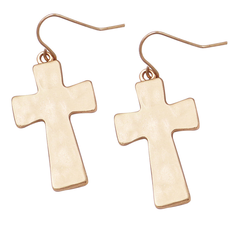 Matte Finish Hammered Metal Cross Religious Dangle Earrings, 1.75" (Matte Gold Tone)
