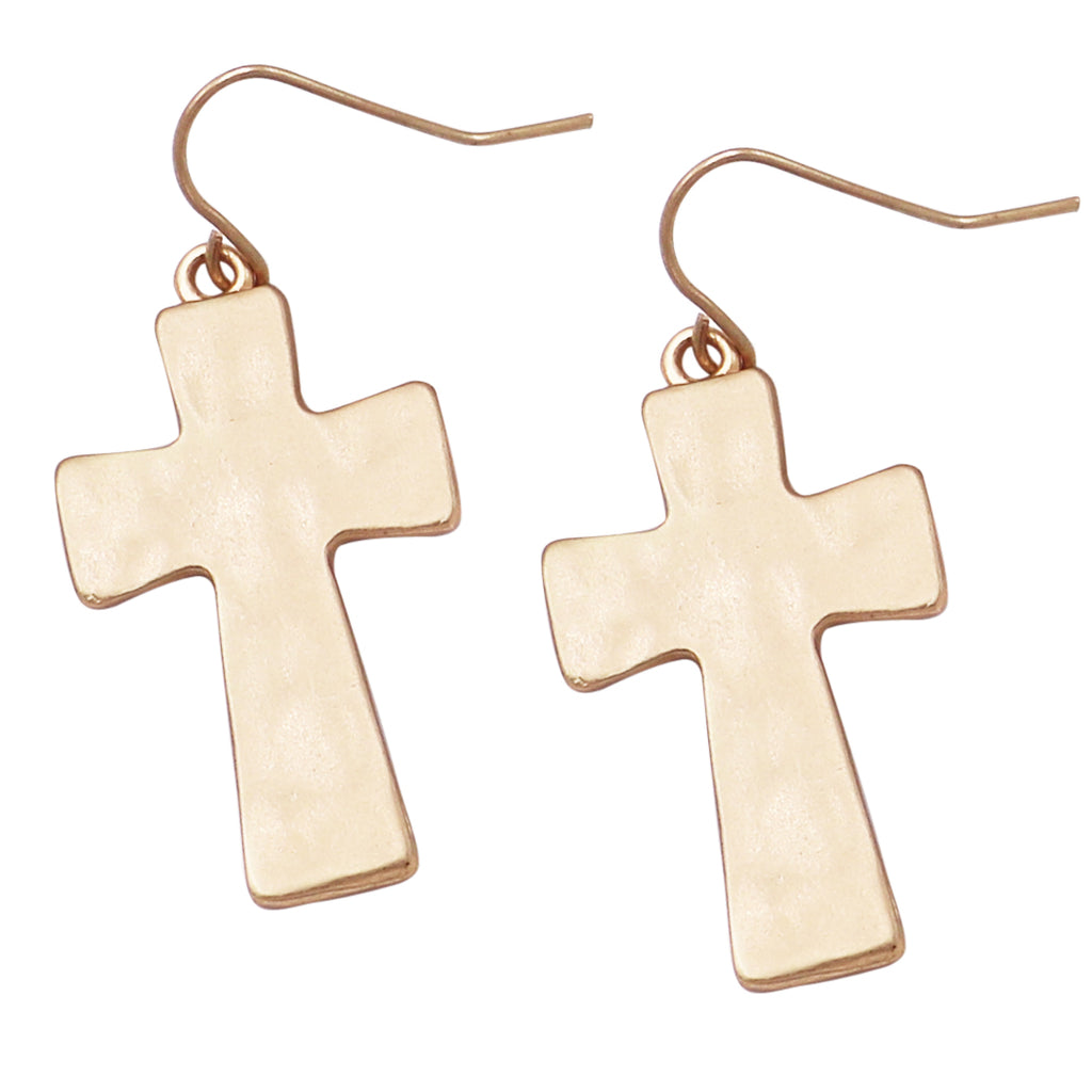 Matte Finish Hammered Metal Cross Religious Dangle Earrings, 1.75" (Matte Gold Tone)