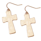 Matte Finish Hammered Metal Cross Religious Dangle Earrings, 1.75