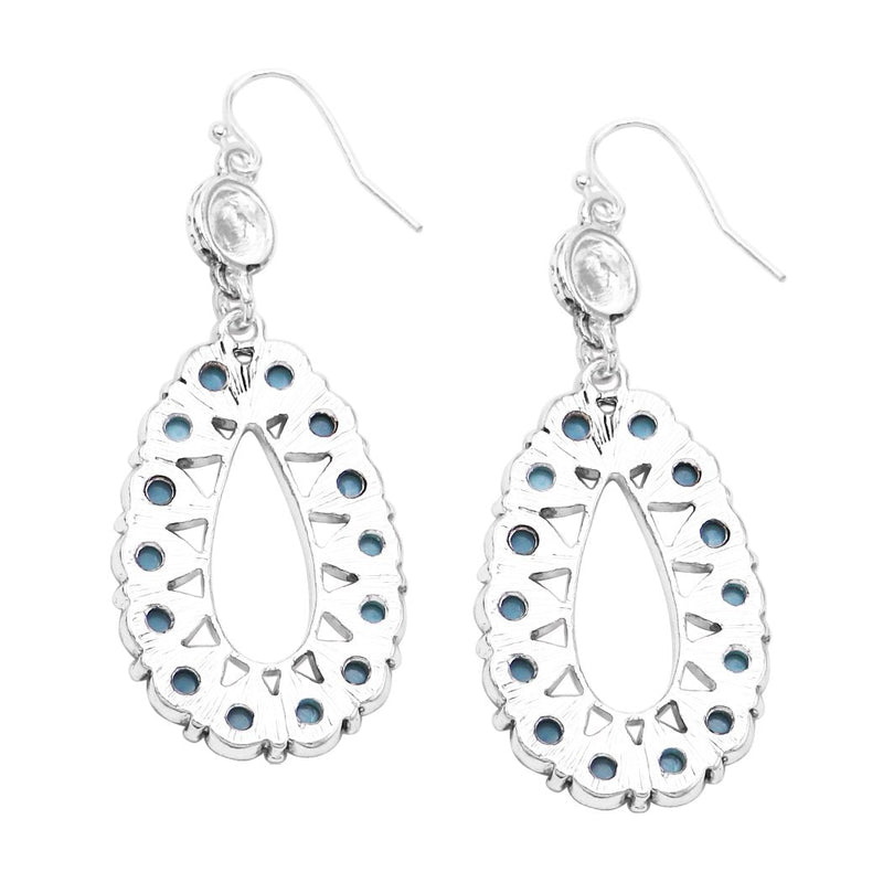 Stunning South Western Style Turquoise Howlite Oval Hoop Earrings, 2.5" (Silver Tone)