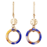 Lucite Hoop and Gold Tone Bar Dangle Statement Earrings (Blue Swirl)