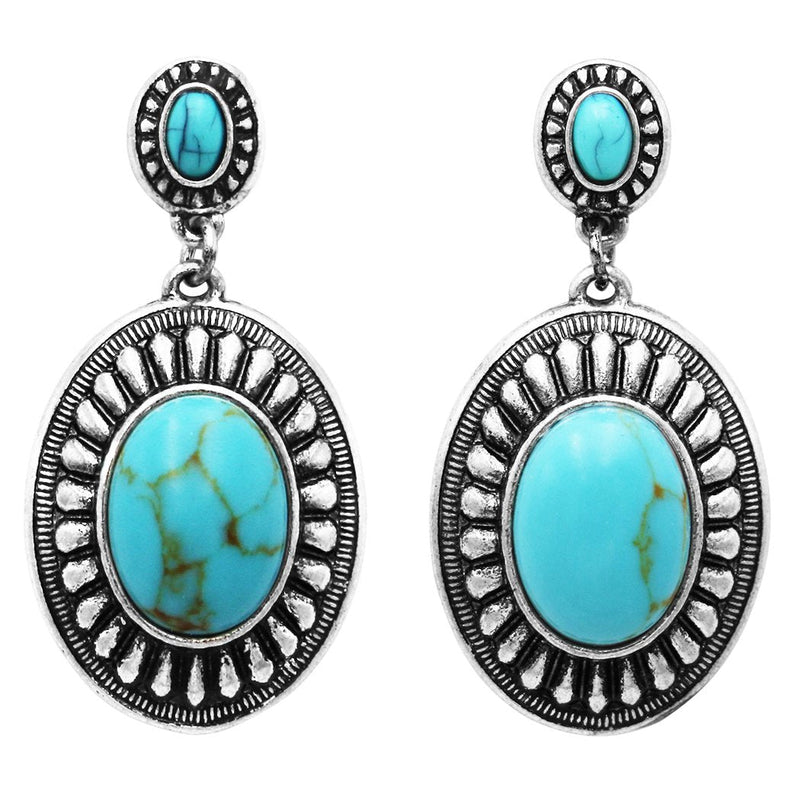 Women's Long Southwestern Double Concho Style Turquoise Drop Dangle Statement Earrings