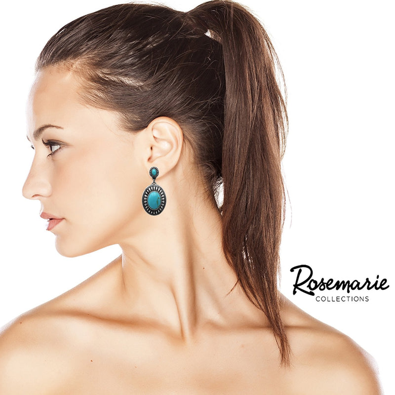 Women's Long Southwestern Double Concho Style Turquoise Drop Dangle Statement Earrings