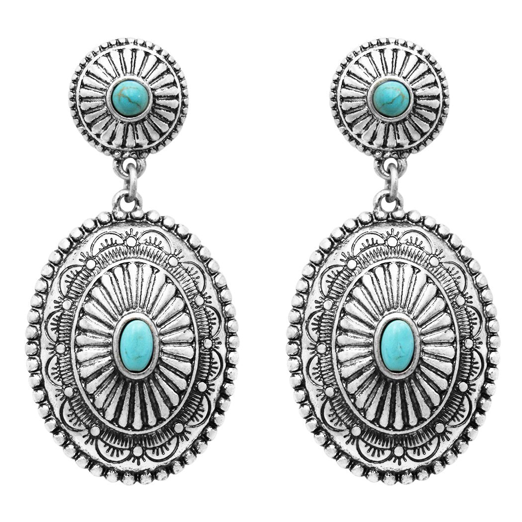 Women's Southwestern Navajo Double Concho Style Turquoise Dangle Drop Statement Earrings, 2" Length