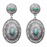 Women's Southwestern Navajo Double Concho Style Turquoise Dangle Drop Statement Earrings, 2" Length