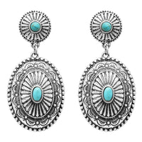 Women's Southwestern Navajo Double Concho Style Turquoise Dangle Drop Statement Earrings, 2" Length