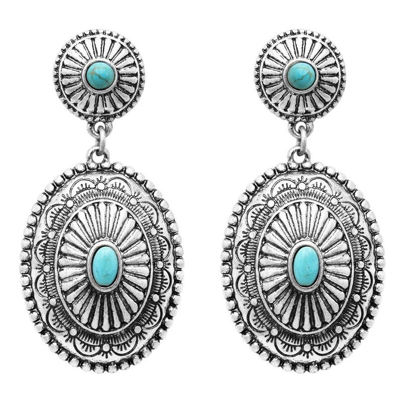 Women's Southwestern Navajo Double Concho Style Turquoise Dangle Drop Statement Earrings, 2" Length