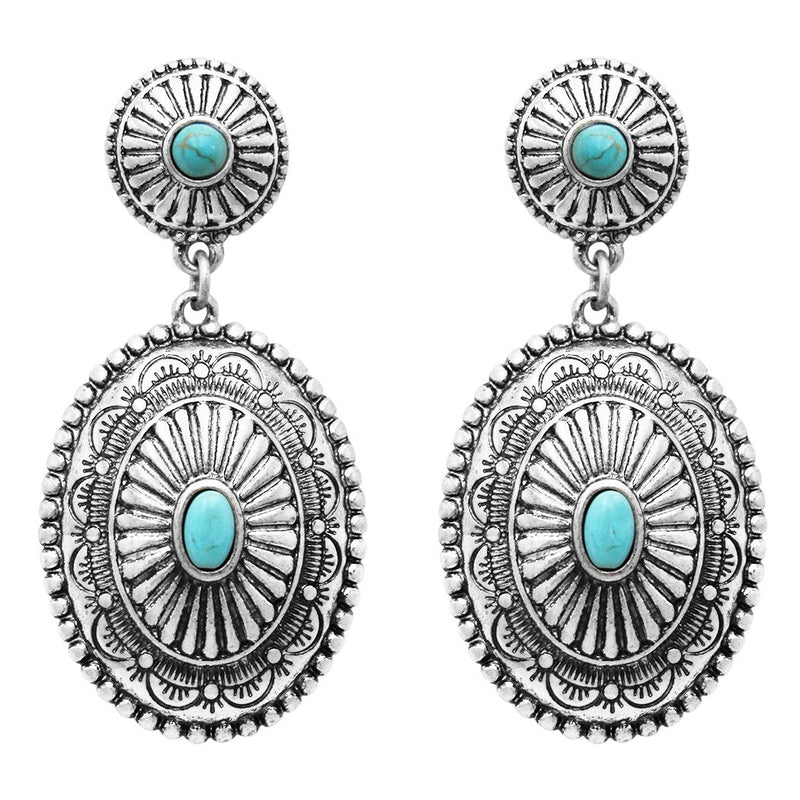 Women's Southwestern Navajo Double Concho Style Turquoise Dangle Drop Statement Earrings, 2" Length