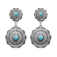 Southwestern Concho Style Turquoise Drop Statement Post Earrings, 2" (Round Dangle Concho)