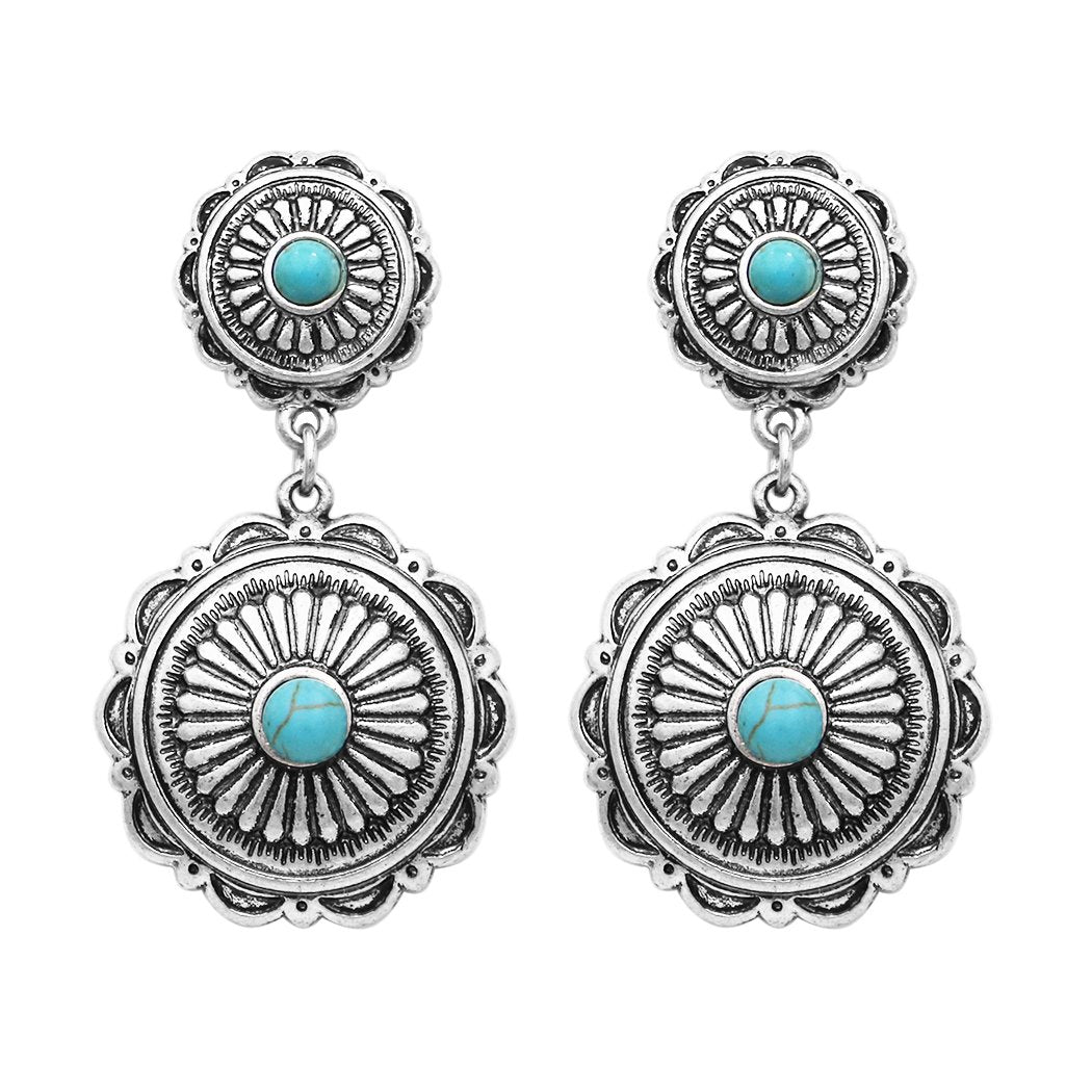 Southwestern Concho Style Turquoise Drop Statement Post Earrings, 2" (Round Dangle Concho)