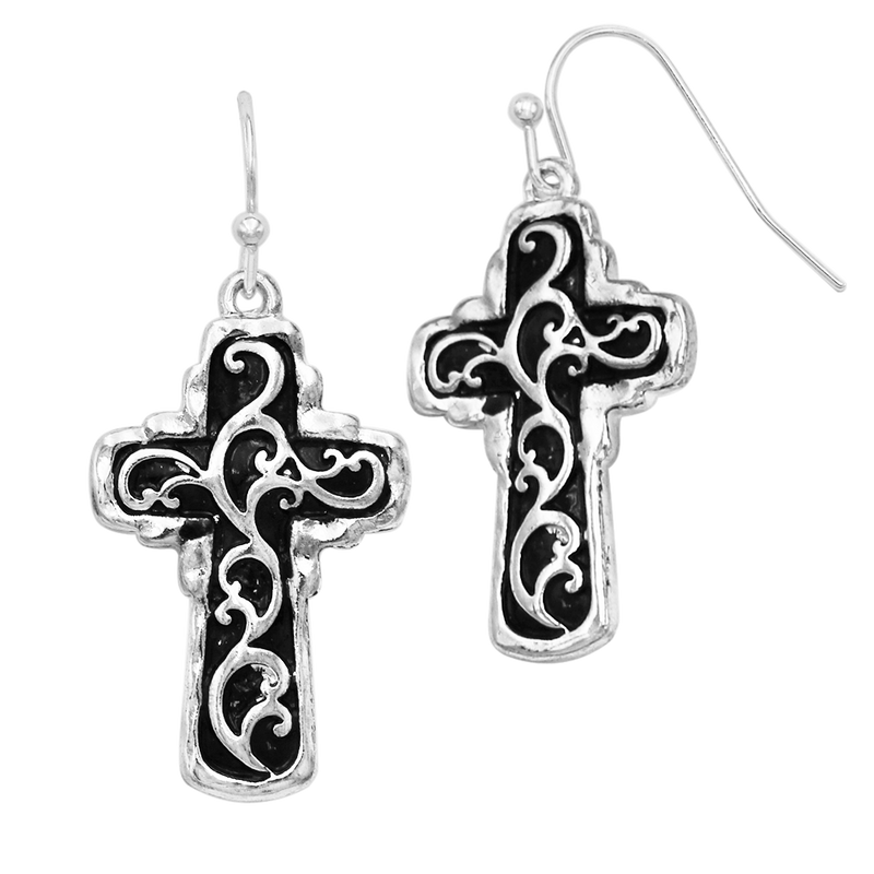 cross studs, cross earrings dangly, dangle earrings, religious gifts, decorative metal scroll cross, scroll pattern with square ends, rosemarie collections, amazon prime, rosemarie religious gifts, cross earrings, St. Patrick's day, holiday jewelry and accessories