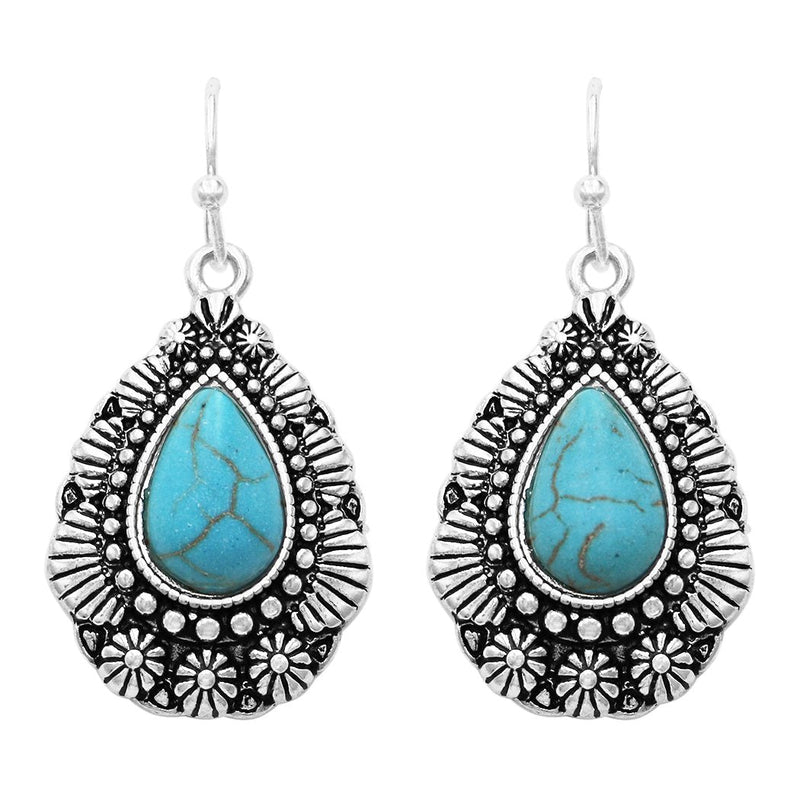South Western Cowgirl Style Textured Teardrop Turquoise Howlite Dangle Earrings, 1.25"