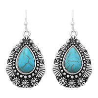 South Western Cowgirl Style Textured Teardrop Turquoise Howlite Dangle Earrings, 1.25"