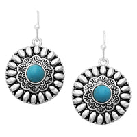 South Western Style Concho Turquoise Howlite Dangle Earrings, 1.25" (Round Concho)