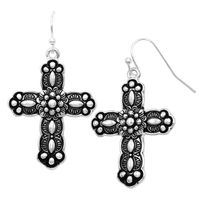 Western Style Decorative Metal Cross Religious Dangle Earrings, 1.5"-1.75" (Flower Center)