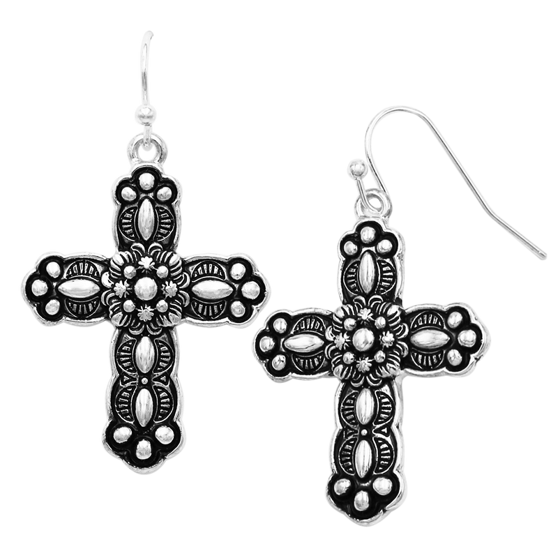 Western Style Decorative Metal Cross Religious Dangle Earrings, 1.5"-1.75" (Flower Center)