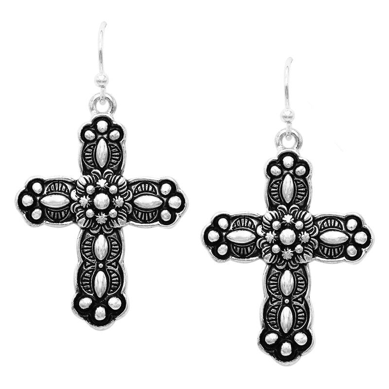 Western Style Decorative Metal Cross Religious Dangle Earrings, 1.5"-1.75" (Flower Center)