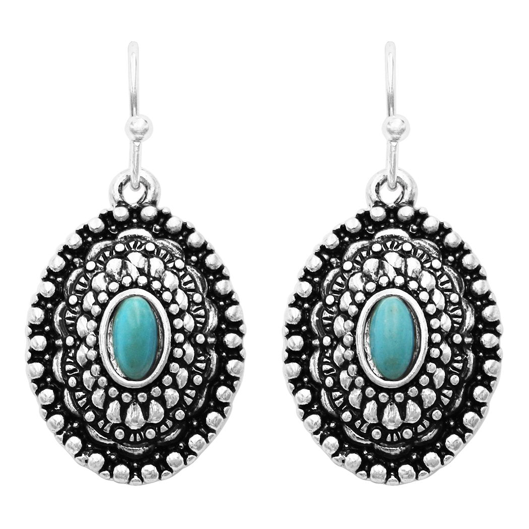 South Western Style Concho Turquoise Howlite Dangle Earrings, 1.25" (Oval Concho)