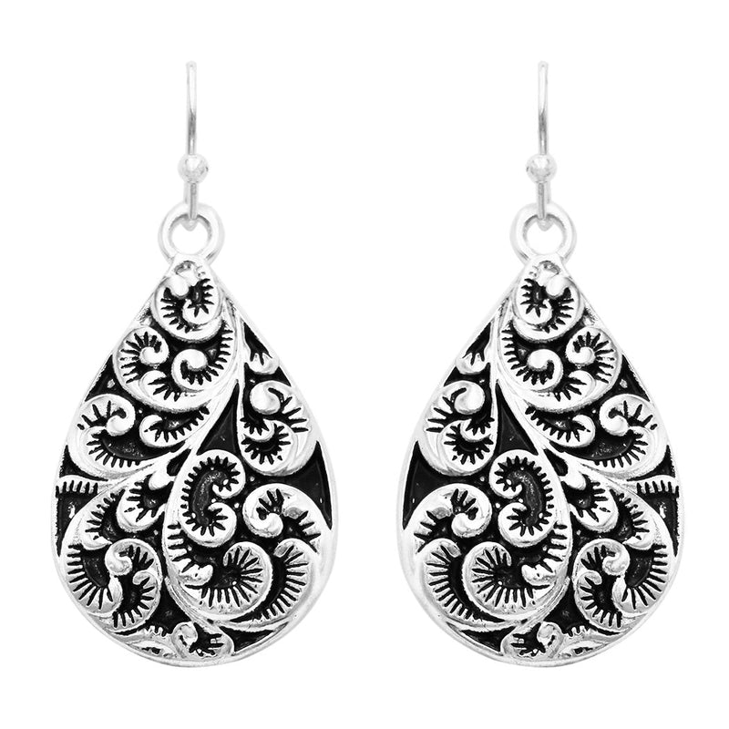 Polished Silver Metal and Black Enamel Decorative Filigree Teardrop Dangle Earrings, 1.5"