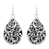 Polished Silver Metal and Black Enamel Decorative Filigree Teardrop Dangle Earrings, 1.5"