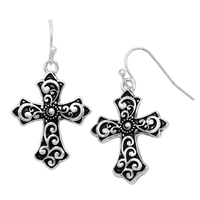 Western Style Decorative Metal Scroll Cross Religious Dangle Earrings, 1.5" (Swirl Pattern Pointed Ends)