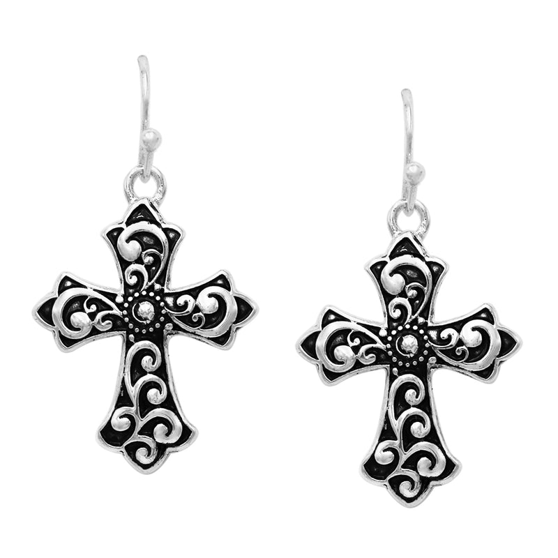 Western Style Decorative Metal Scroll Cross Religious Dangle Earrings, 1.5" (Swirl Pattern Pointed Ends)