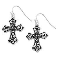 Western Style Decorative Metal Scroll Cross Religious Dangle Earrings, 1.5" (Swirl Pattern Pointed Ends)