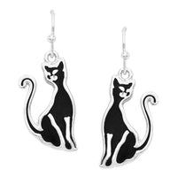 Sleek Black Cat Silhouette Enamel Dangle Earrings, 1.25"