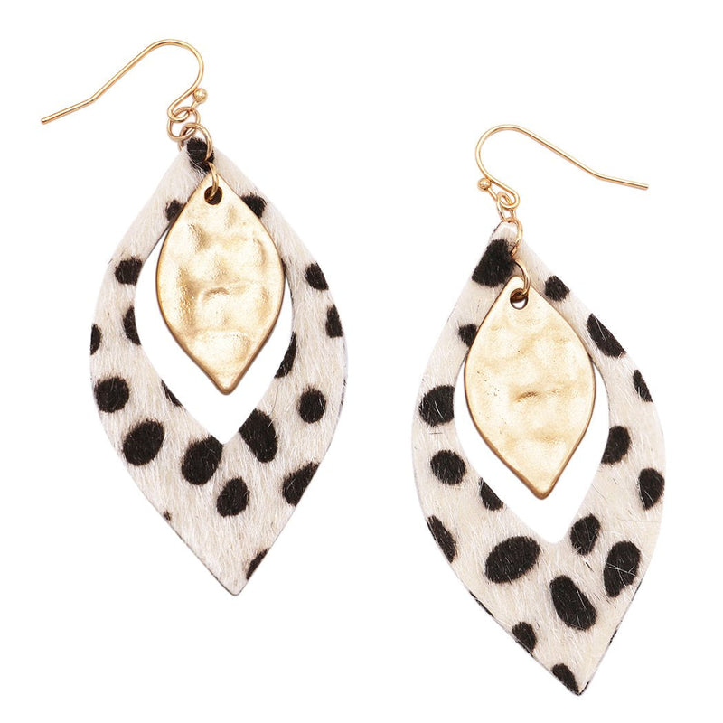 Women's Get Wild Faux Leather Cow Hide with Hair Animal Safari Leopard Spot and Textured Metal Dangle Earrings, 2.75"