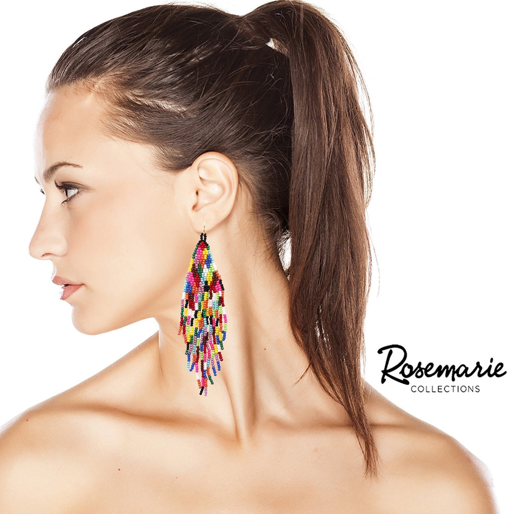 Colorful Rainbow Peyote Stitch Seed Bead Fringe Shoulder Duster Earrings, 5"