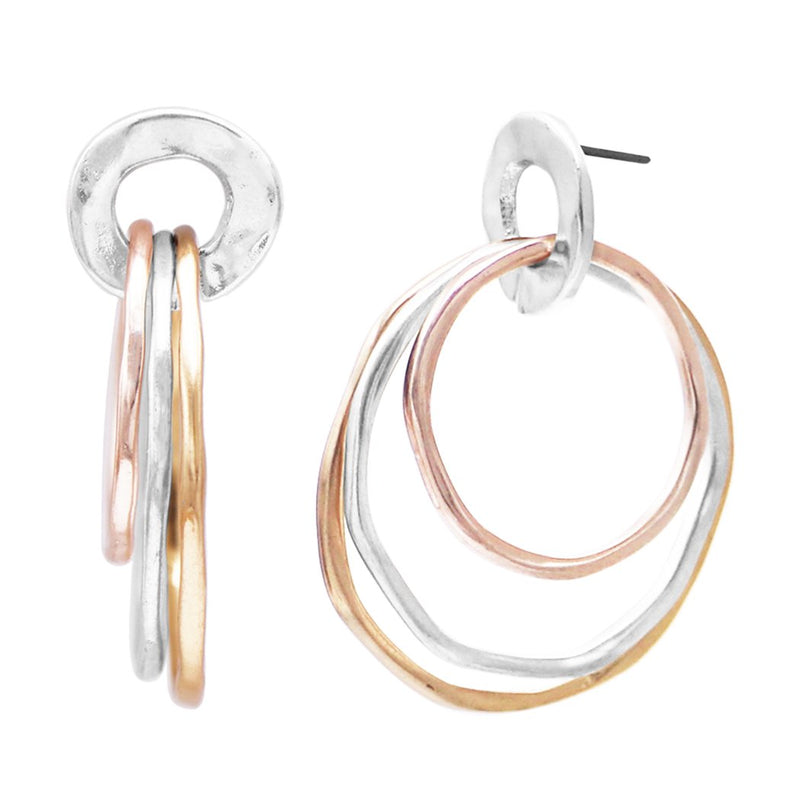 Tri Toned Statement Hammered Metal Triple Hoop Dangle Earrings, 1.75