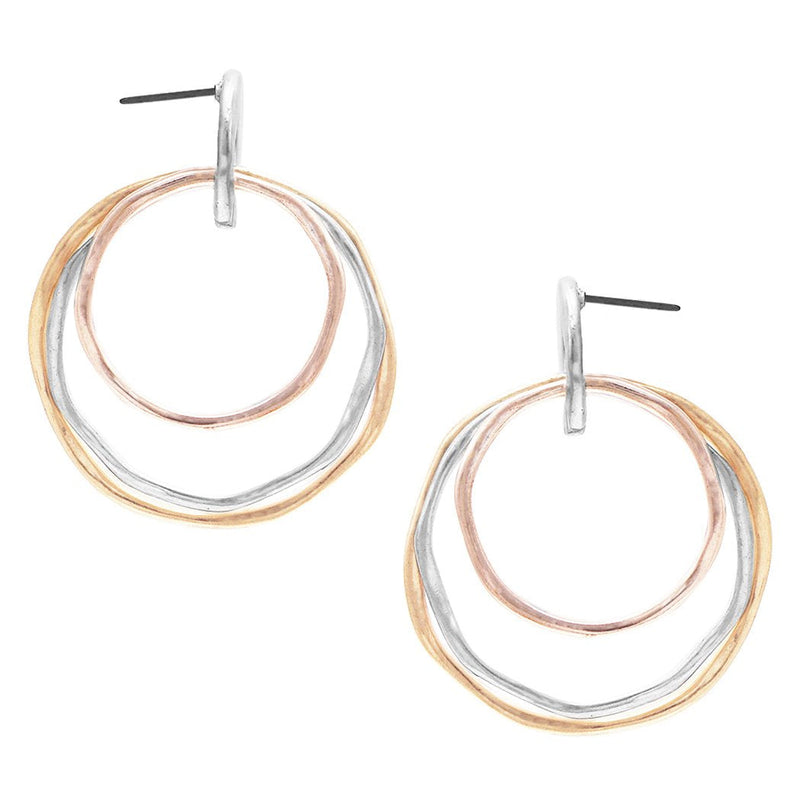 Tri Toned Statement Hammered Metal Triple Hoop Dangle Earrings, 1.75