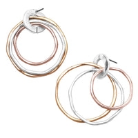 Tri Toned Statement Hammered Metal Triple Hoop Dangle Earrings, 1.75
