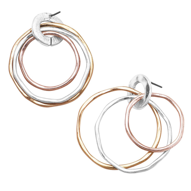 Tri Toned Statement Hammered Metal Triple Hoop Dangle Earrings, 1.75