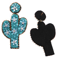 Unique Decorative Seed Bead Western Style Cactus Post Dangle Earrings, 3.5" (Turquoise)