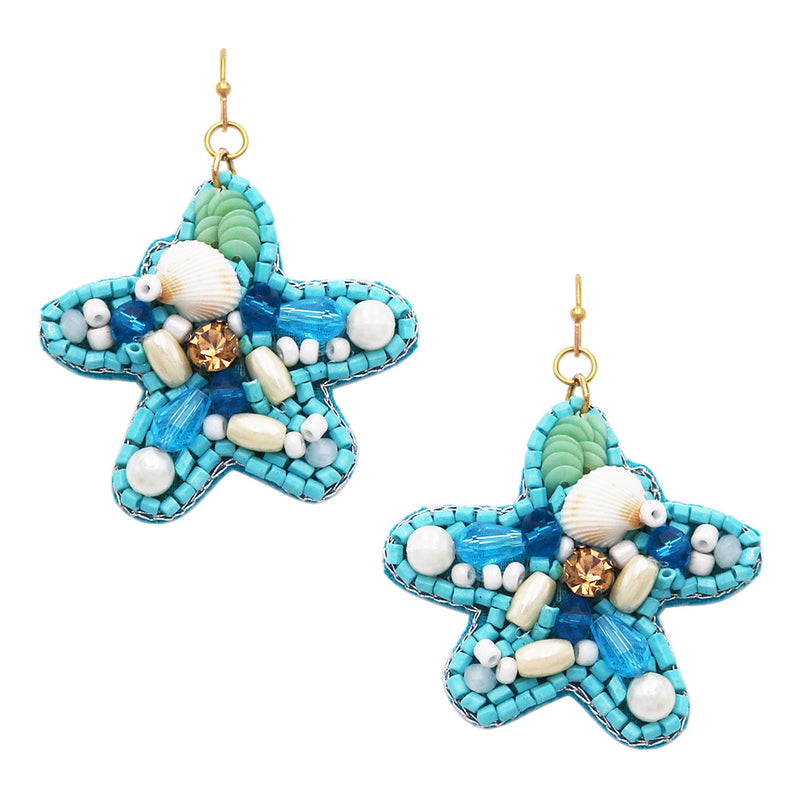 Stunning Aqua Blue Decorative Seed Bead Shell Starfish Dangle Earrings, 2.37"
