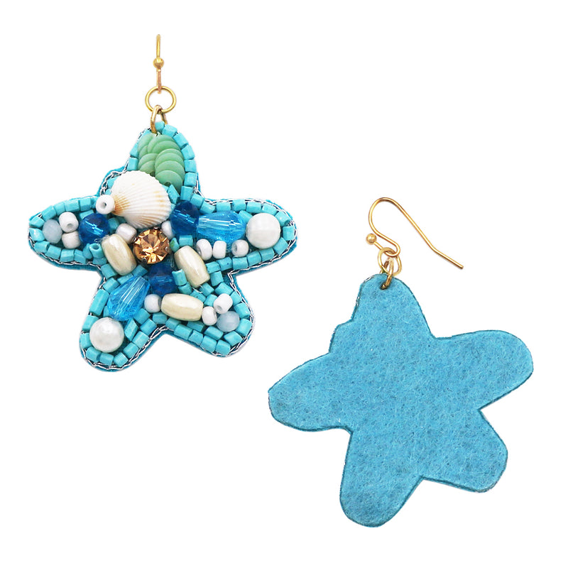 Stunning Aqua Blue Decorative Seed Bead Shell Starfish Dangle Earrings, 2.37"