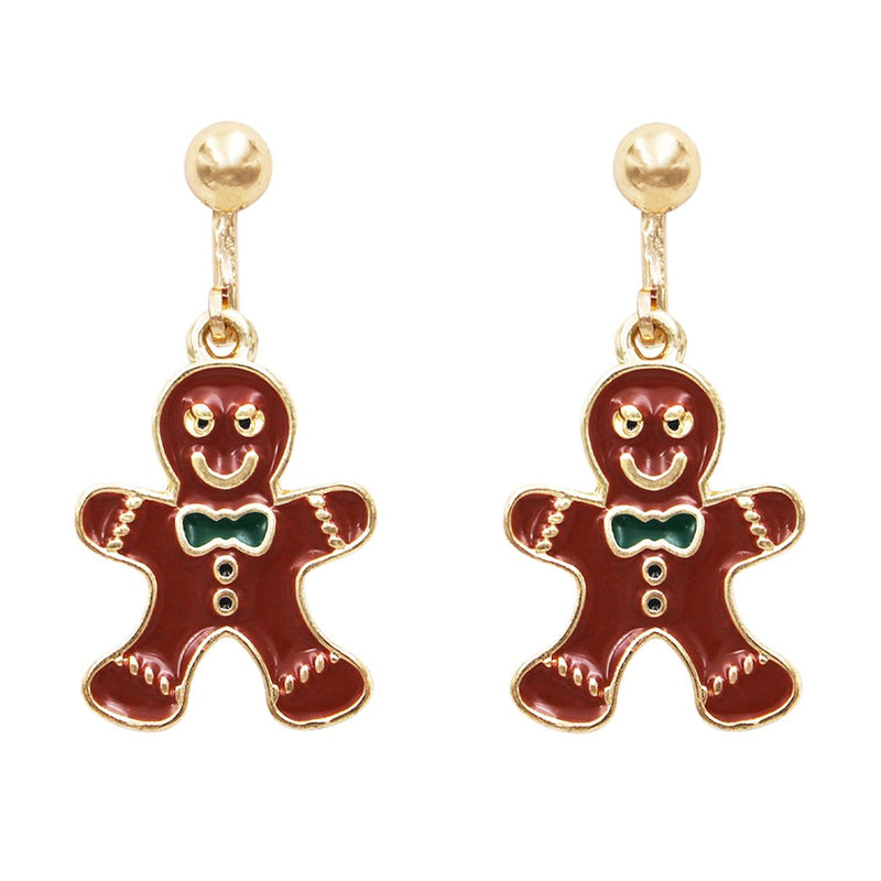 Colorful Enamel Christmas Holiday Clip On Style Earrings, 1" (Dangle Gingerbread Men)