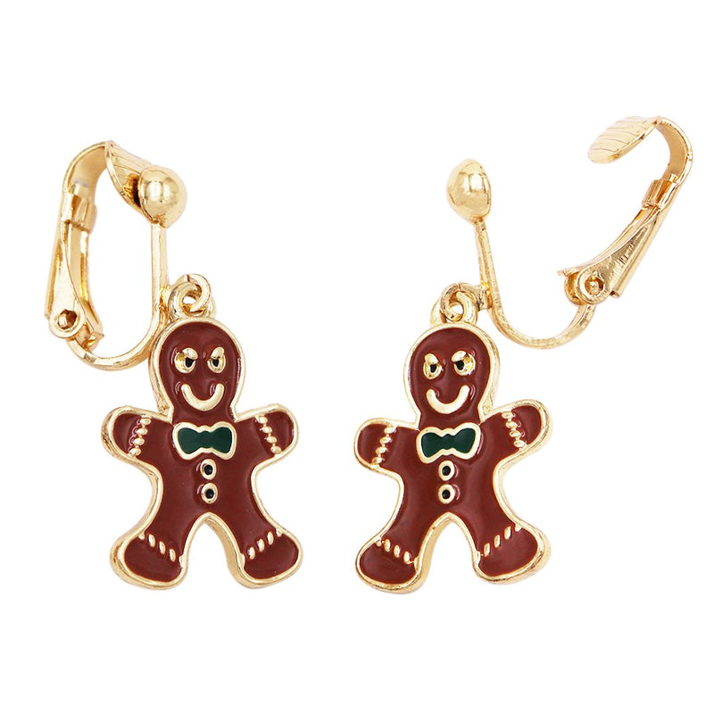 Colorful Enamel Christmas Holiday Clip On Style Earrings, 1" (Dangle Gingerbread Men)
