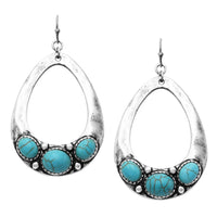 Unique South Western Style Semi Precious Howlite Hammered Metal Oval Hoop Earrings, 2.25" (Turquoise)