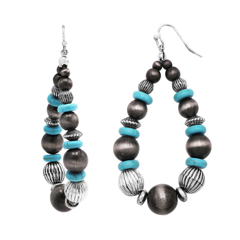 Unique South Western Style Beaded Turquoise Oval Hoop Dangle Earrings, 3"